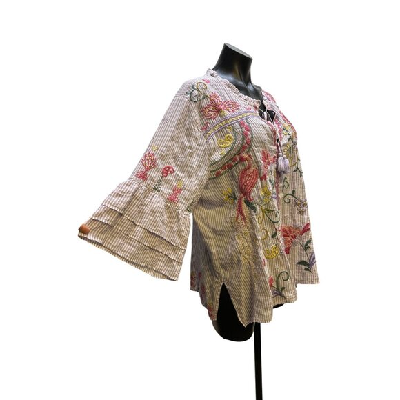 Johnny Was Workshop Purple & White Striped Embroidered Blouse Size L - Picture 4 of 7